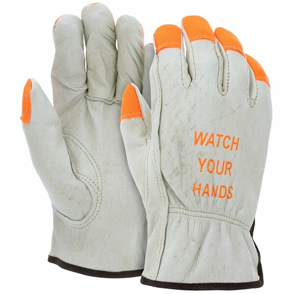 Mcr Safety Gloves, Ind Grd Pig Drvr Key HiViz Org FT/logo, XXL, 12PK 3413HVIXXL